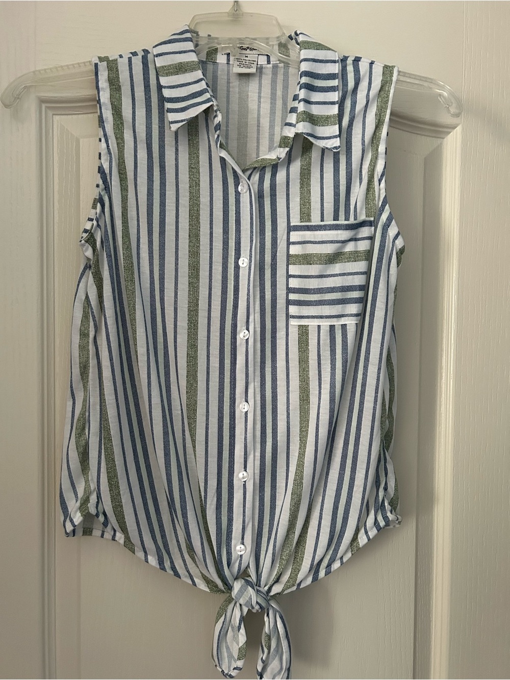 Love Potion sleeveless tie bottom top, blue/green stripes, M